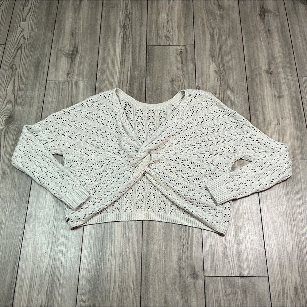 Cream Twist Front Sweater Open Knit Pointelle Long Sleeve Crop Pullover Top